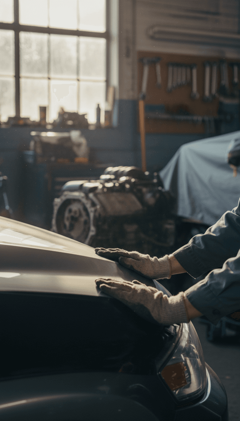 Mechanic closing the hood of a car after a service inspection