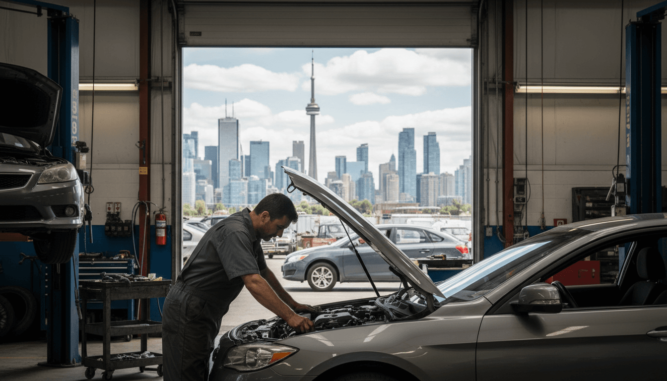 Mechanic inspecting an open car hood at a Toronto auto shop