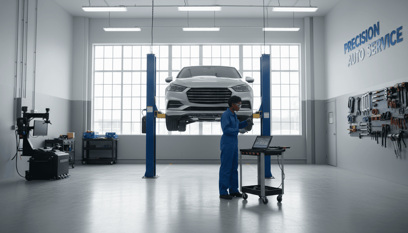 Technician inspecting a raised vehicle in a Toronto auto service bay