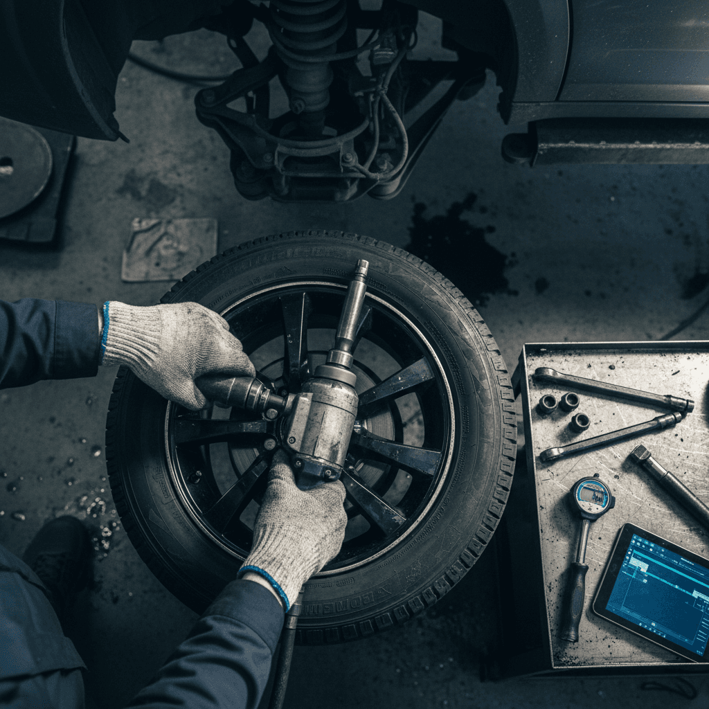Mechanic torquing wheel lug nuts