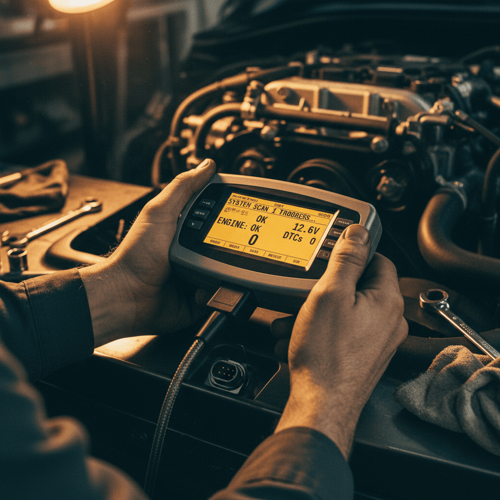 Mechanic running diagnostic scan on vehicle computer