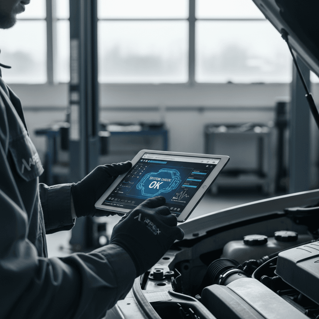 Diagnostic tablet in hand beside an open car hood