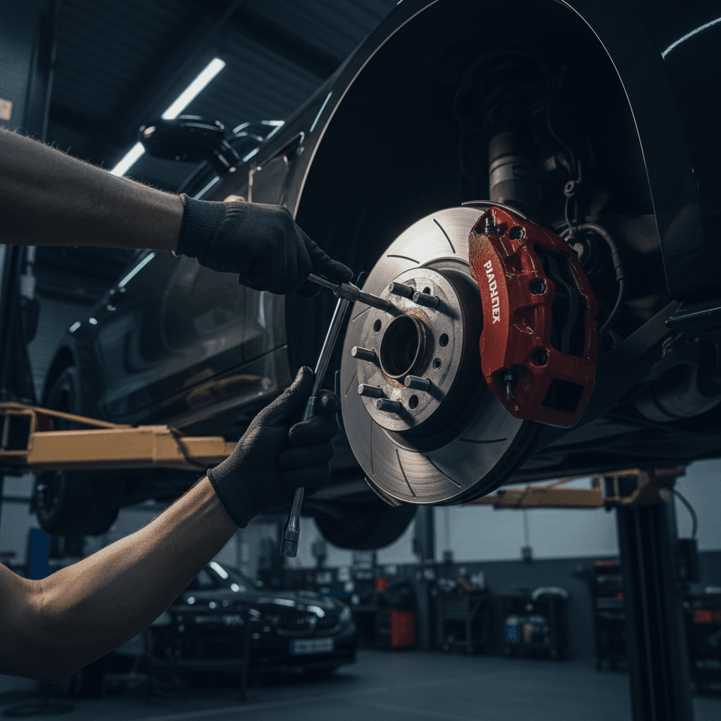 Brake pads and rotors prepared for replacement