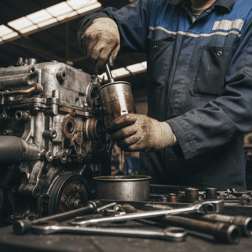 Technician checking engine oil level