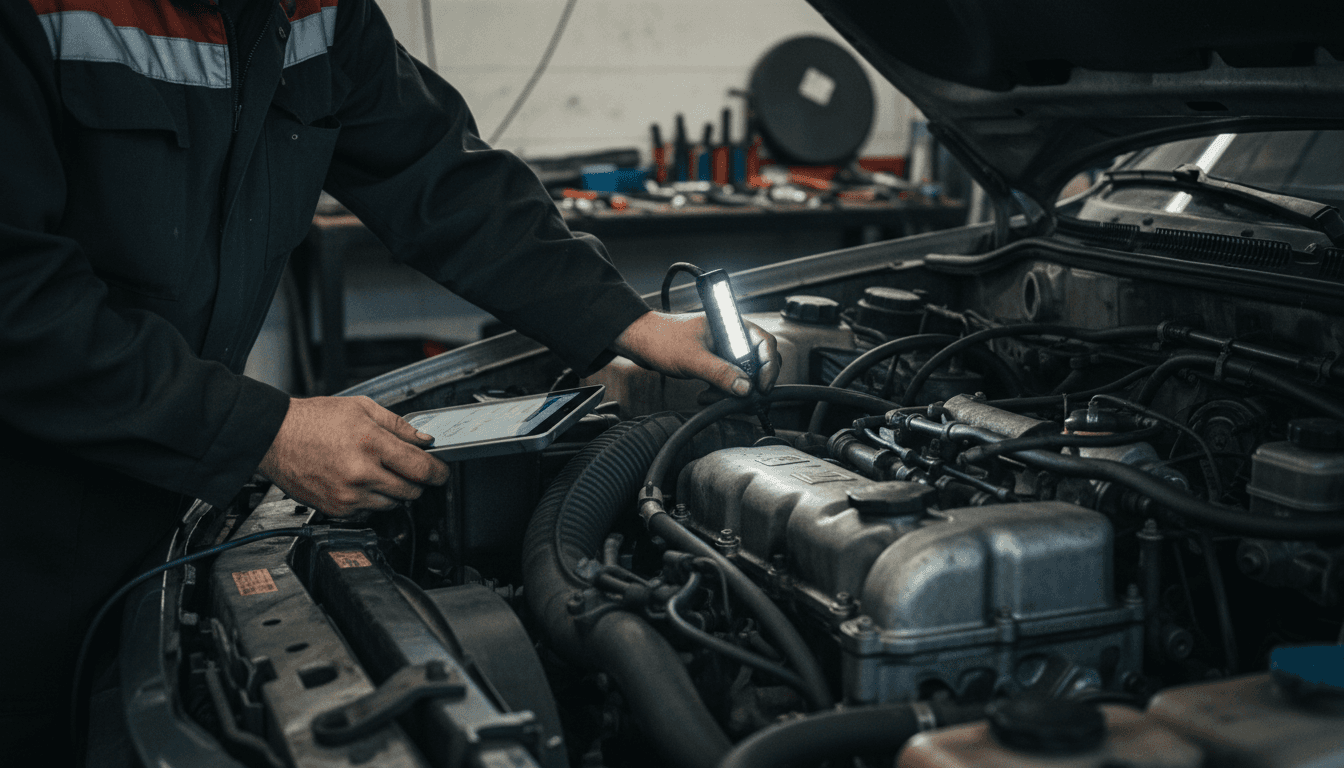 Mechanic inspecting a car engine bay at Smook Auto Solutions in Toronto